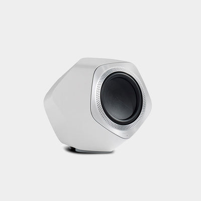 A White beolab 19 subwoofer made by bang & Olufsen