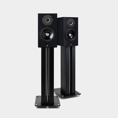 Kudos Cardea Super 10A Standmount Loudspeakers in Black Oak on Black Stands | Holburn Online