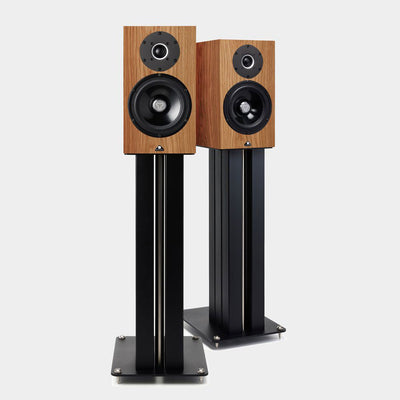 Kudos Cardea Super 10A Standmount loudspeakers in natural oak on black stands | Holburn Online