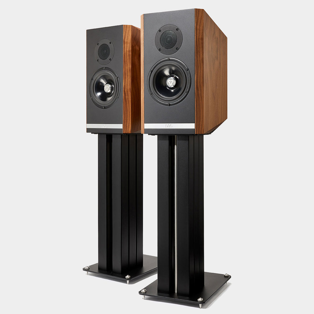 Kudos Titan 505 Loudspeakers on black stands | Grills off | Holburn Online