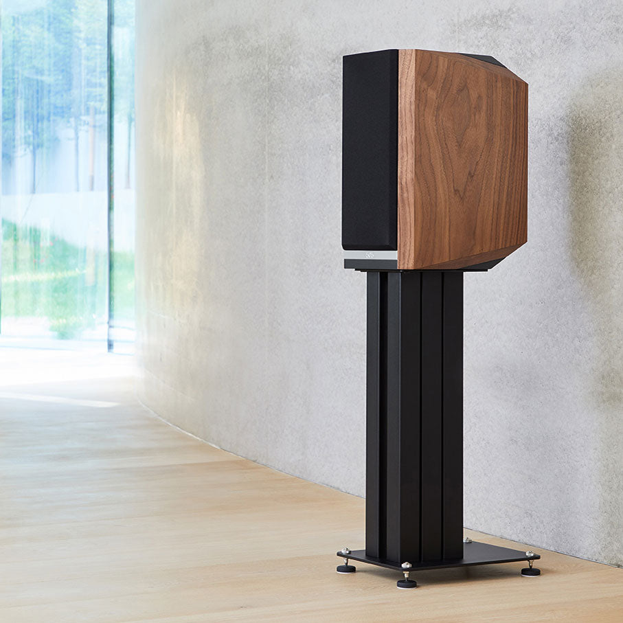 Kudos Titan 505 Loudspeaker on Black Stand | Grill on | Side Profile | Holburn Online