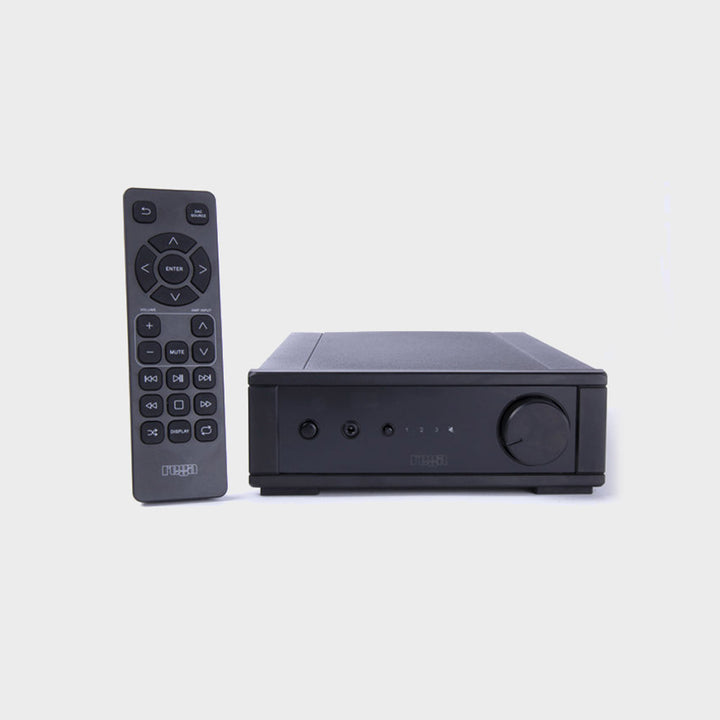 The rega io integrated amplifier pictured with its remote control